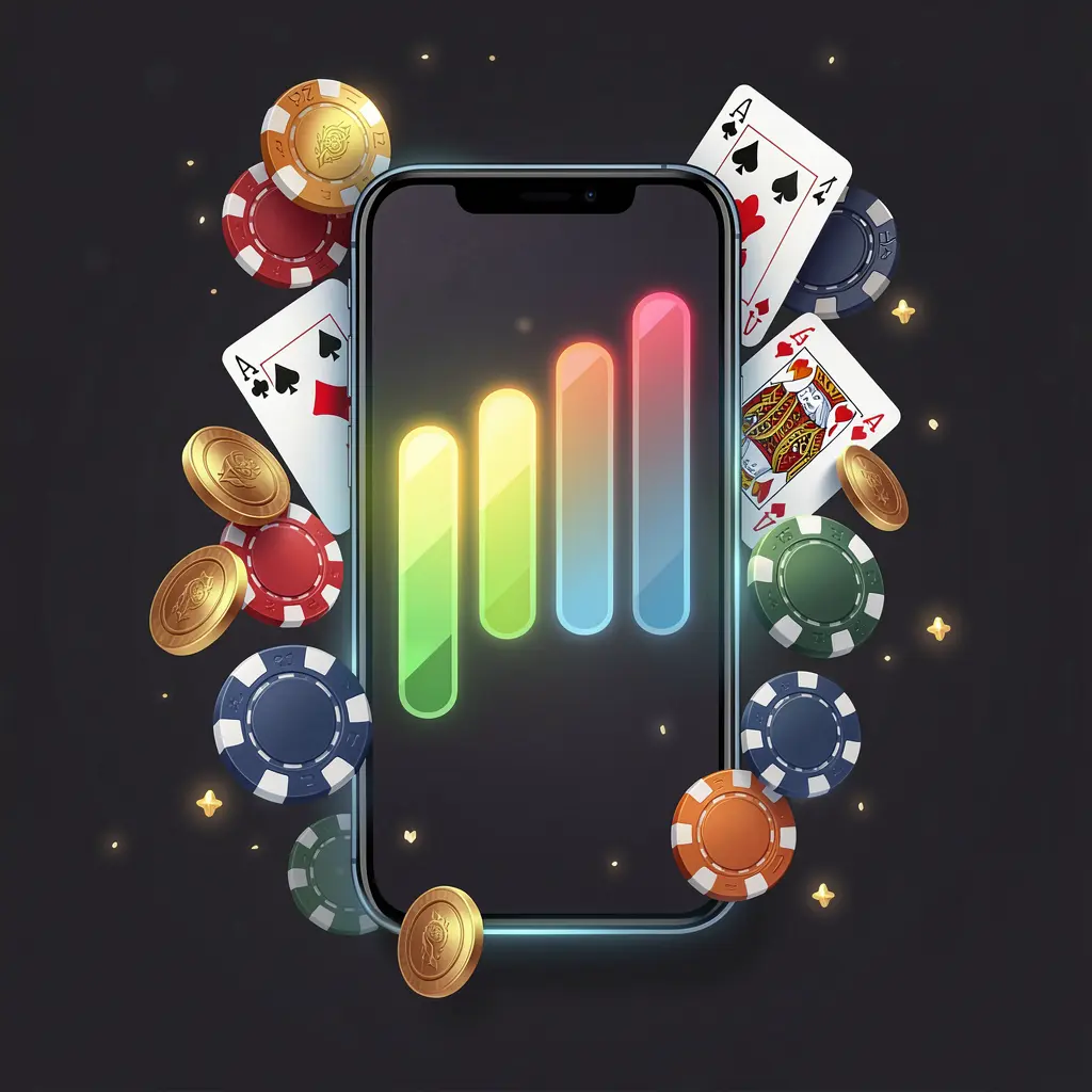 TKRR casino app installation visual showing a smartphone with a glowing progress bar surrounded by coins, chips, and playing cards on a dark background