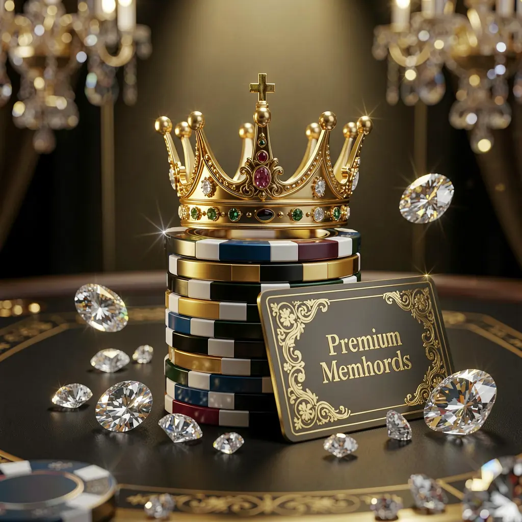 Elegant golden crown placed on top of poker chips with sparkling diamonds and a premium membership card, set against a luxury black and gold background with a soft golden glow, representing TKRR VIP casino rewards in an exclusive high-end casino atmosphere