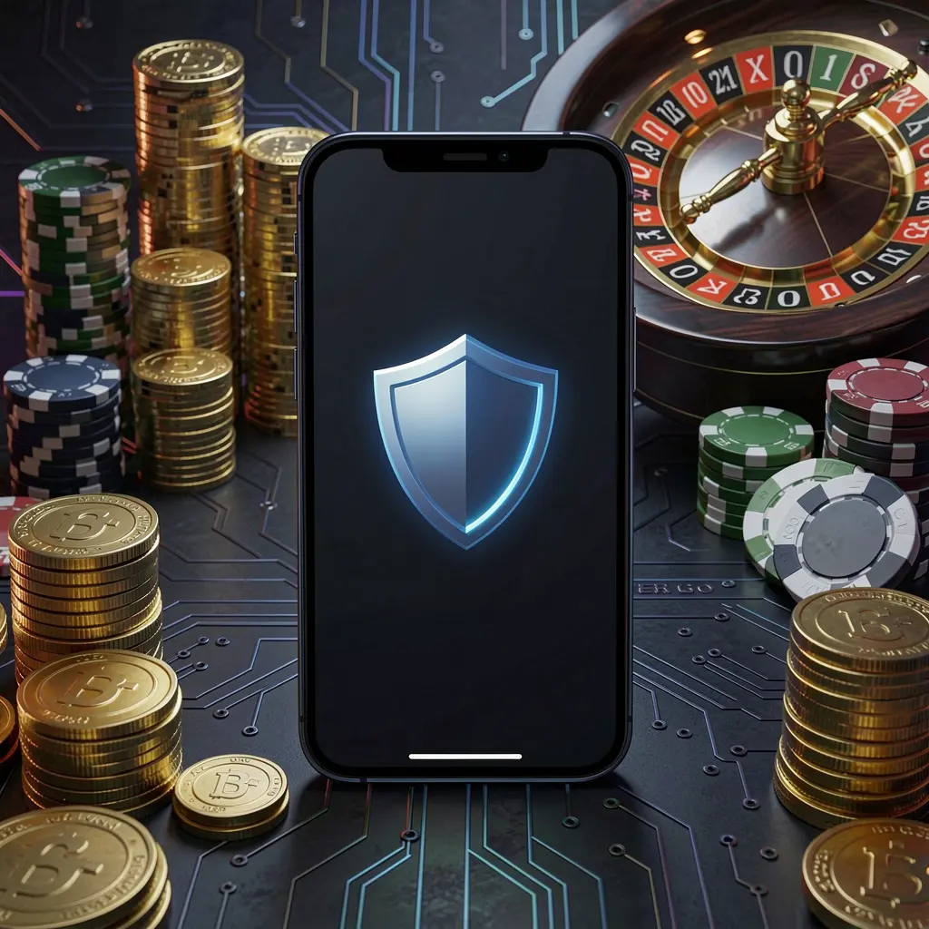 Secure mobile casino login screen by TKRR showing a phone with a shield icon, roulette wheel, poker chips, and golden coins in a dark cyber luxury atmosphere