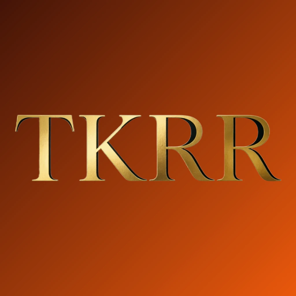 Luxury horizontal rectangular wordmark logo for TKRR with elegant gold serif typography and minimal black ornament details on transparent background