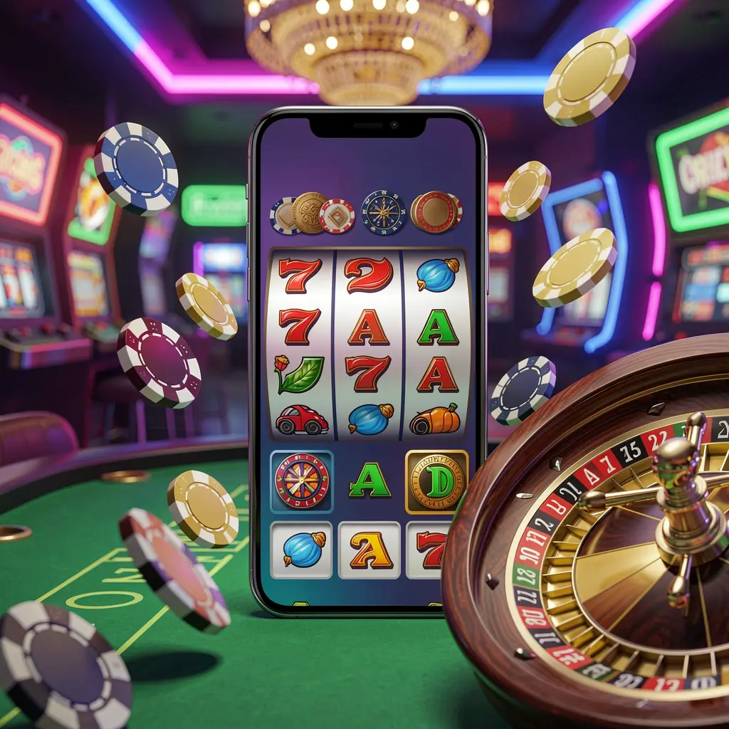 TKRR casino entertainment homepage concept featuring a modern mobile phone with slot symbols, a roulette wheel, chips and coins floating around against a neon casino background in a premium 3D render